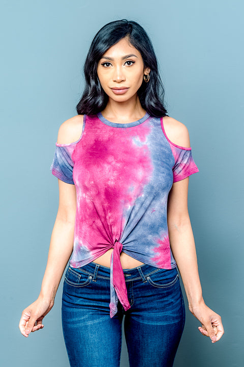Open Shoulder Short Sleeve Round Neck Front Knott Detail Top (K5307TD) - Wholesale Fashion Couture inc