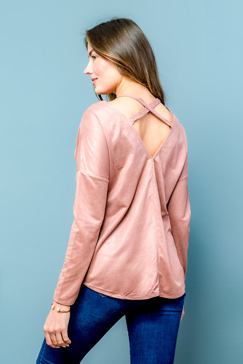 Long Sleeve Suede Crossed Back Top (LT23579) - Wholesale Fashion Couture inc