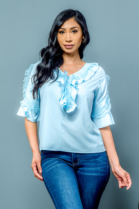 Ruffle Bell Round Neck With Lace Detail In The Front Top (T439) - Wholesale Fashion Couture inc