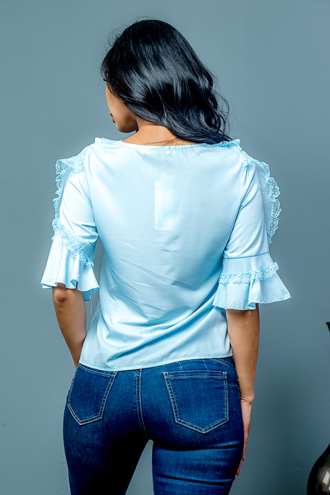 Ruffle Bell Round Neck With Lace Detail In The Front Top (T439) - Wholesale Fashion Couture inc