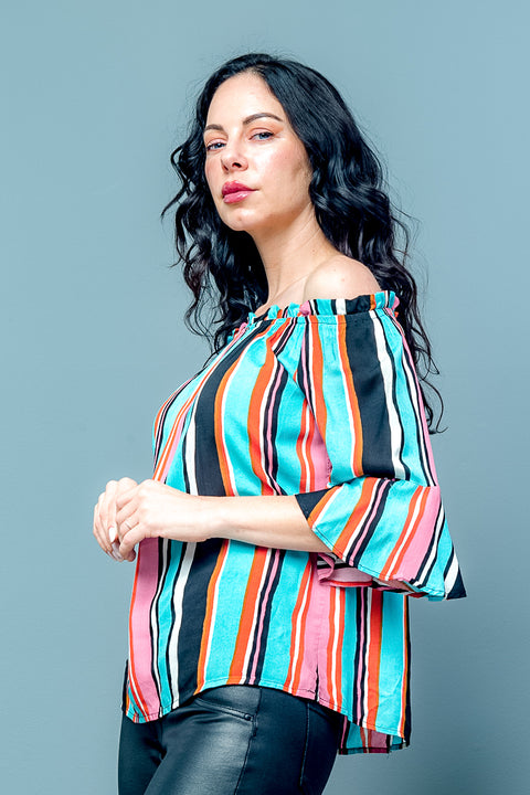 Multy Stripe Wide Bell Sleeve Off Shoulder Elastic Neckline Top (XT9083) - Wholesale Fashion Couture inc