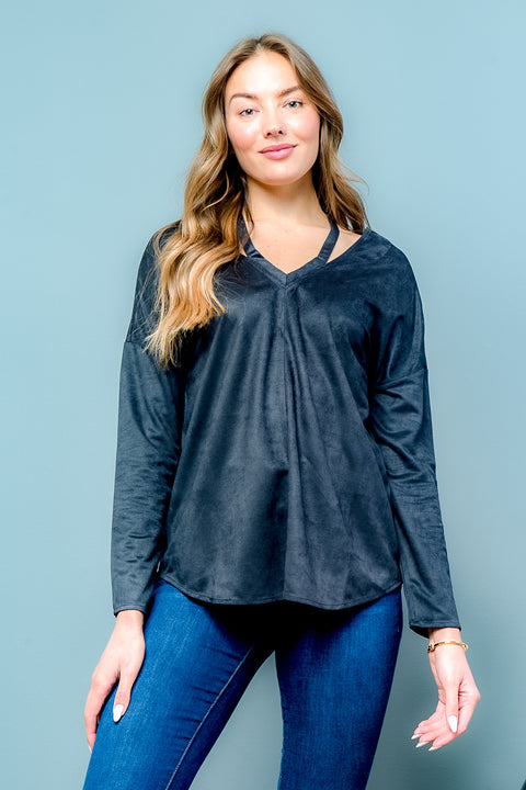Long Sleeve Suede Crossed Back Top (LT23579) - Wholesale Fashion Couture inc