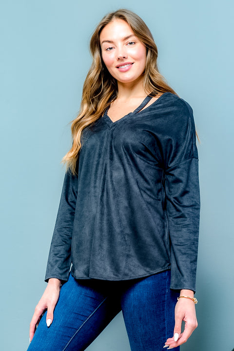 Long Sleeve Suede Crossed Back Top (LT23579) - Wholesale Fashion Couture inc