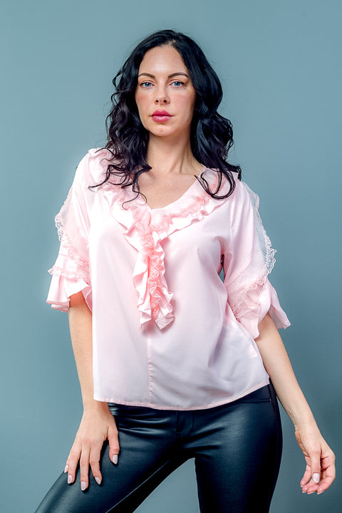 Ruffle Bell Round Neck With Lace Detail In The Front Top (T439) - Wholesale Fashion Couture inc