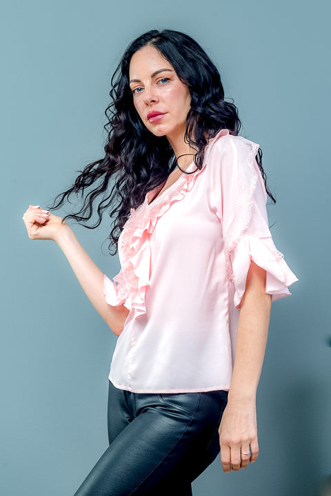 Ruffle Bell Round Neck With Lace Detail In The Front Top (T439) - Wholesale Fashion Couture inc