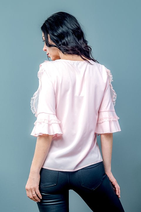 Ruffle Bell Round Neck With Lace Detail In The Front Top (T439) - Wholesale Fashion Couture inc