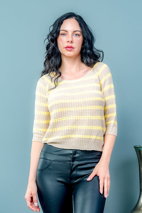 3/4 Sleeve Crew Neck Knit Croshet Top Sweater (HB3051) - Wholesale Fashion Couture inc
