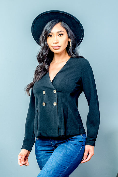 Deep V Neck Double Breasted Blazer in Black  (D30324-MW188) - Wholesale Fashion Couture 