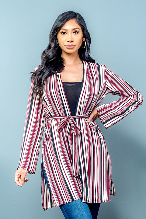Long Sleeve Multi Color Striped Cardigan with Waist Tie (31750-CH833) - Wholesale Fashion Couture 