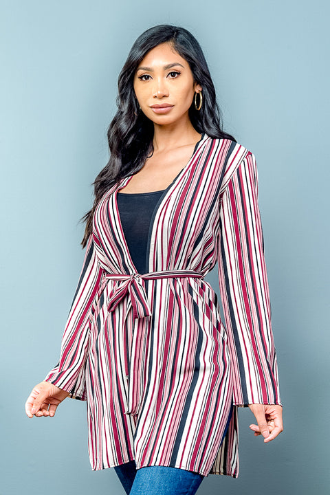 Long Sleeve Multi Color Striped Cardigan with Waist Tie (31750-CH833) - Wholesale Fashion Couture 