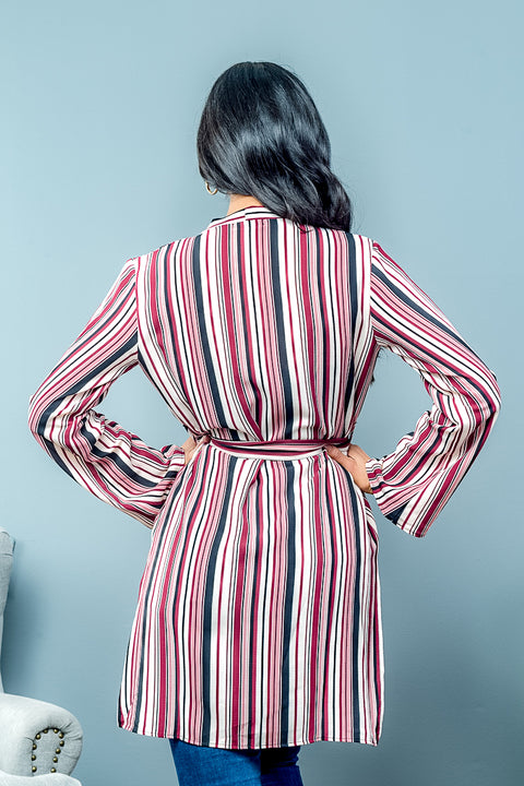 Long Sleeve Multi Color Striped Cardigan with Waist Tie (31750-CH833) - Wholesale Fashion Couture 