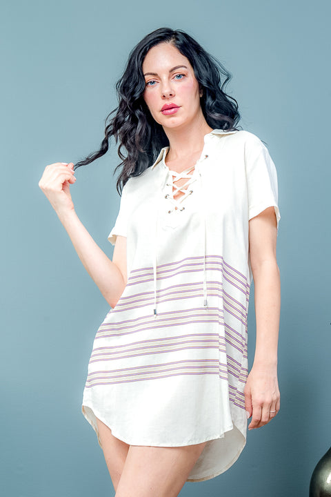 Tunic Dress with Lace Up Collar, Rounded Hem and Purple & Gold Stripes (15683) - Wholesale Fashion Couture 