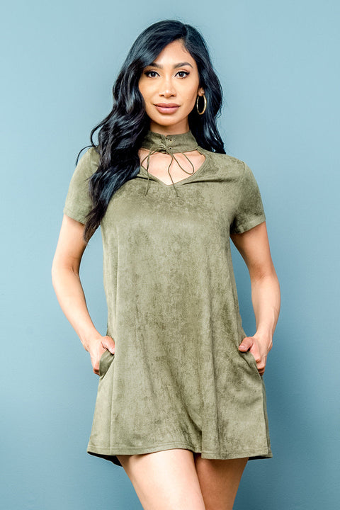 Faux Suede Short Sleeve V Neck Keyhole Mini Dress with Ribbon Tied Choker and Side Pockets (LD41885) - Wholesale Fashion Couture 