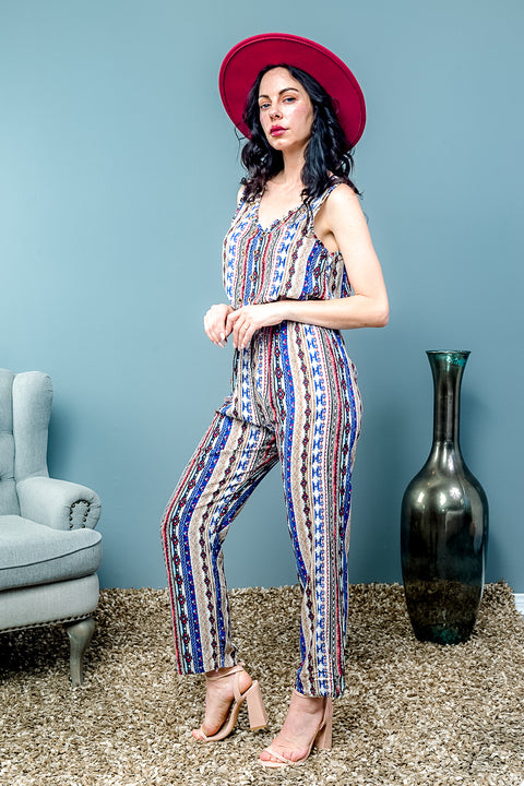 Sleeveless Jumpsuit with Open Back and Gold Trim (JA265143) - Wholesale Fashion Couture 