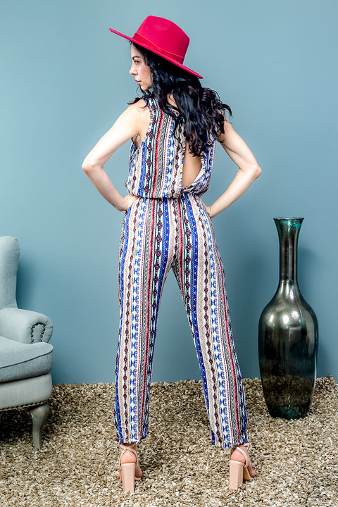 Sleeveless Jumpsuit with Open Back and Gold Trim (JA265143) - Wholesale Fashion Couture 