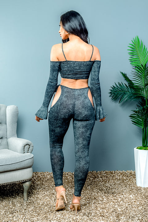 2 PC Off Shoulder Bandeau Top with Long Sleeve and Leggings with Hip Cut Outs and Tie Closures (T5308/P3951) - Wholesale Fashion Couture 
