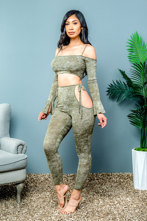 2 PC Off Shoulder Bandeau Top with Long Sleeve and Leggings with Hip Cut Outs and Tie Closures (T5308/P3951) - Wholesale Fashion Couture 