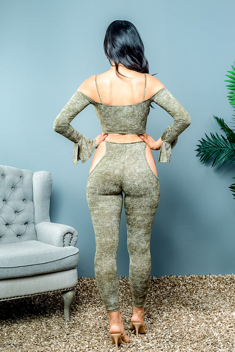 2 PC Off Shoulder Bandeau Top with Long Sleeve and Leggings with Hip Cut Outs and Tie Closures (T5308/P3951) - Wholesale Fashion Couture 