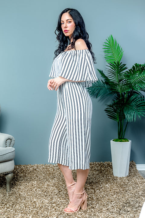 Off Shoulder Stripe Jumpsuit (UR4473-FC77) - Wholesale Fashion Couture inc