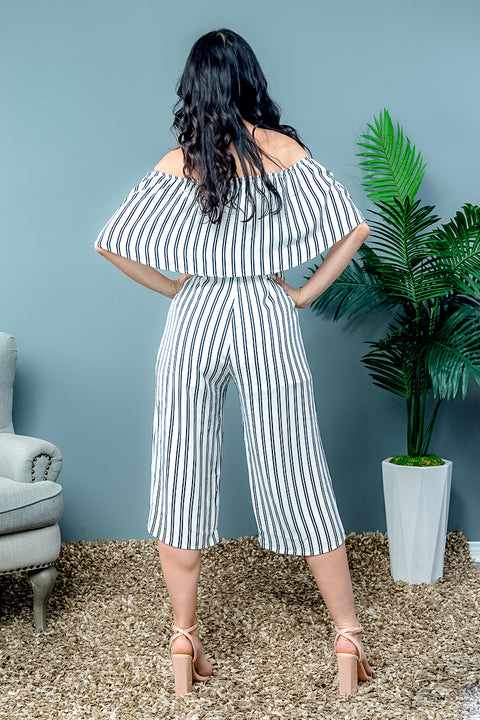 Off Shoulder Stripe Jumpsuit (UR4473-FC77) - Wholesale Fashion Couture inc