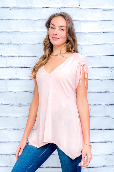 V-Neck Handkerchief Hem Tunic Top with Drawstring Tie at Sleeves (ET63522) - Wholesale Fashion Couture 