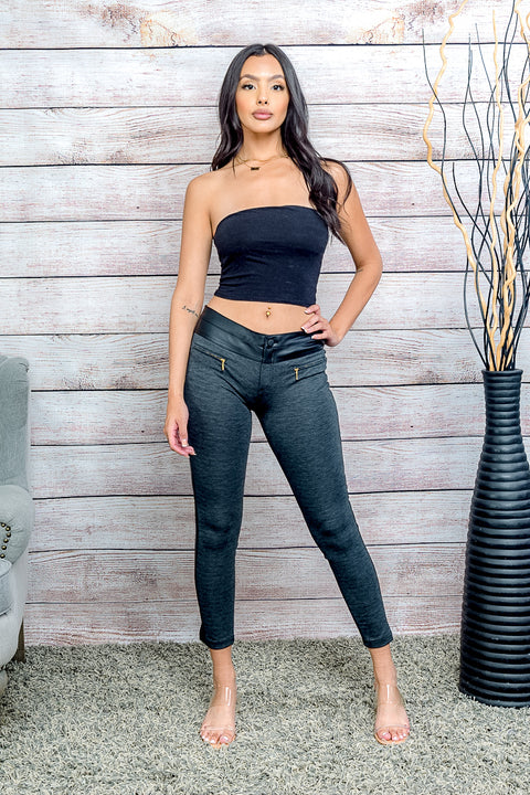 Low Rise Cropped Pants with Front Zip Mock Pockets, Contrast PU Leather Waistband and Back (HP9016) - Wholesale Fashion Couture 