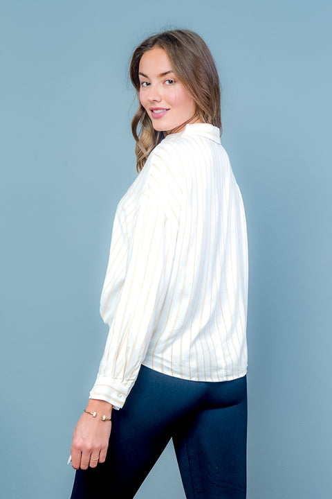 Striped Button Down Long Sleeve Top with Twist Detail (2158TK) - Wholesale Fashion Couture 