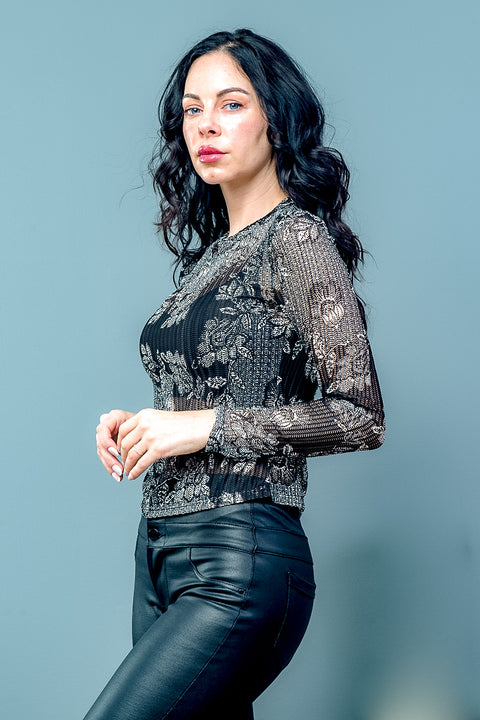Print Long Sleeve Round Neck Top (28AWK121) Black White / ( S-M-L- 2-2-2)