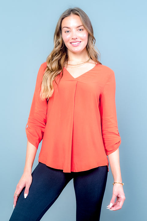 3/4 Sleeve Rolled Cuffs V-Neck Solid Top* (2159TK) - Wholesale Fashion Couture 
