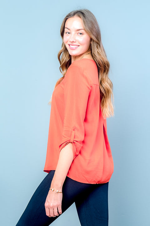 3/4 Sleeve Rolled Cuffs V-Neck Solid Top* (2159TK) - Wholesale Fashion Couture 