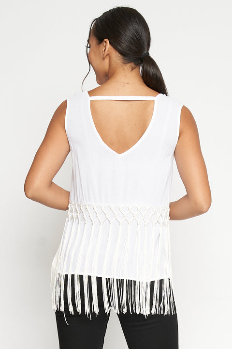 V-Neck Front and Back Sleeveless Top Tied Tassel Hem* (124230) - Wholesale Fashion Couture 