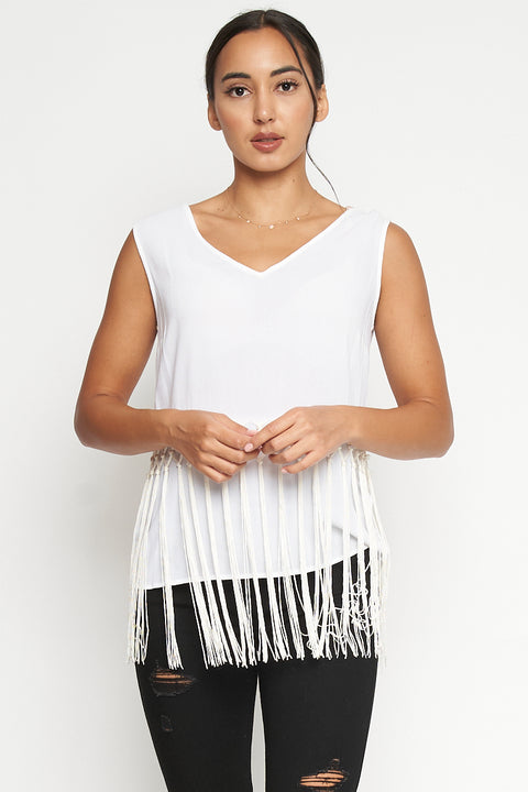 V-Neck Front and Back Sleeveless Top Tied Tassel Hem* (124230) - Wholesale Fashion Couture 
