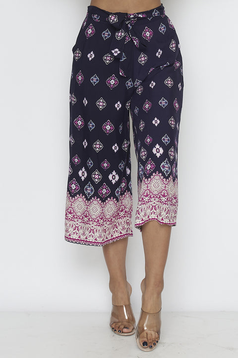 Belted Palazzo Capri Pants Printedâ  (YD8CLT01-08) Navy-Fuschia / ( S-M-L-XL- 1-2-2-1)