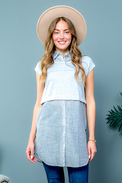 Short Sleeve Stripped Tunic Top (16092) Grey / ( S,M,L- 2,2,2)