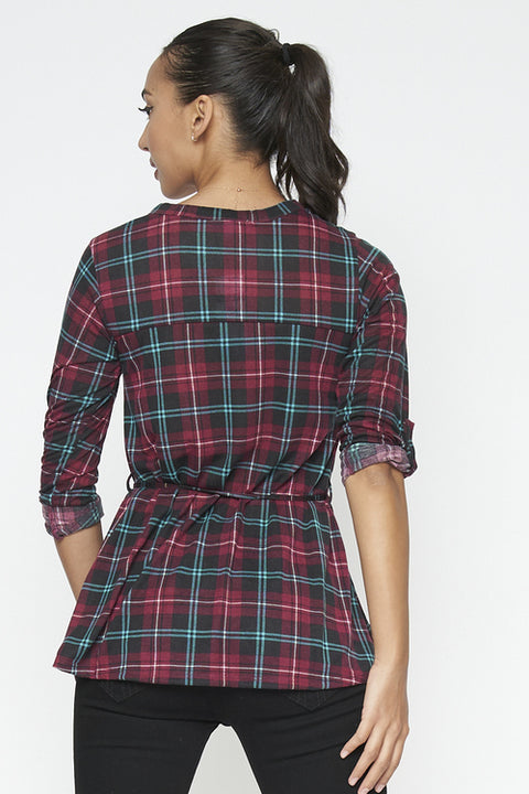 3/4 Sleeve Plaid Top (794300) Wine / ( S-M-L-XL- 1-2-2-1)