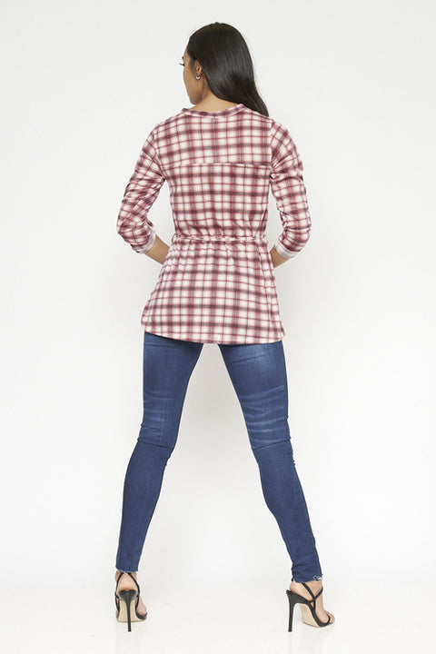 3/4 Sleeve Plaid Top (794300) Pink / ( S-M-L-XL- 1-2-2-1)