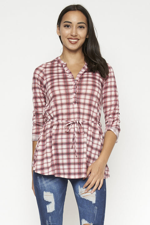 3/4 Sleeve Plaid Top (794300) Pink / ( S-M-L-XL- 1-2-2-1)