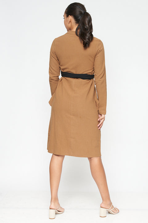 Long Sleeve V Neck Button Down Midi Coat Dress with Peplum and Contrast Black Tie (FL19C959) - Wholesale Fashion Couture 