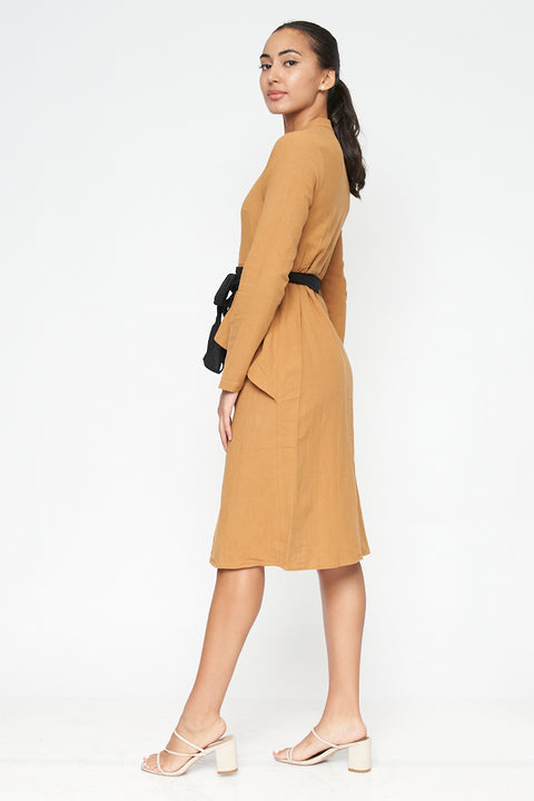 Long Sleeve V Neck Button Down Midi Coat Dress with Peplum and Contrast Black Tie (FL19C959) - Wholesale Fashion Couture 