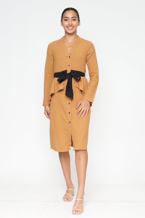 Long Sleeve V Neck Button Down Midi Coat Dress with Peplum and Contrast Black Tie (FL19C959) - Wholesale Fashion Couture 