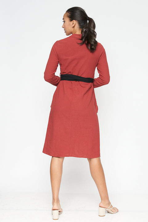 Long Sleeve V Neck Button Down Midi Coat Dress with Peplum and Contrast Black Tie (FL19C959) - Wholesale Fashion Couture 