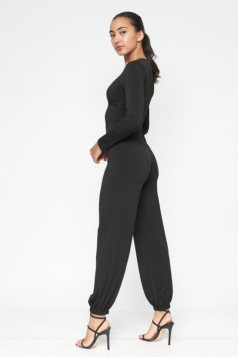 ‘3 Wishes’ Jewel Neck Long Sleeve Jumpsuit with Peek-a-boo Midriff  (FL20E308) - Wholesale Fashion Couture 