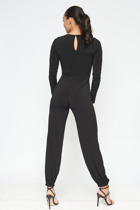 ‘3 Wishes’ Jewel Neck Long Sleeve Jumpsuit with Peek-a-boo Midriff  (FL20E308) - Wholesale Fashion Couture 