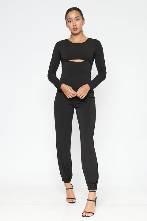 ‘3 Wishes’ Jewel Neck Long Sleeve Jumpsuit with Peek-a-boo Midriff  (FL20E308) - Wholesale Fashion Couture 