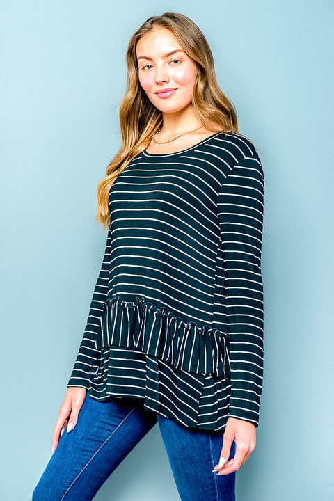 Striped Long Sleeve Crewneck T-Shirt with Contrast Peplum Ruffle in Black & White (D-72146) - Wholesale Fashion Couture 