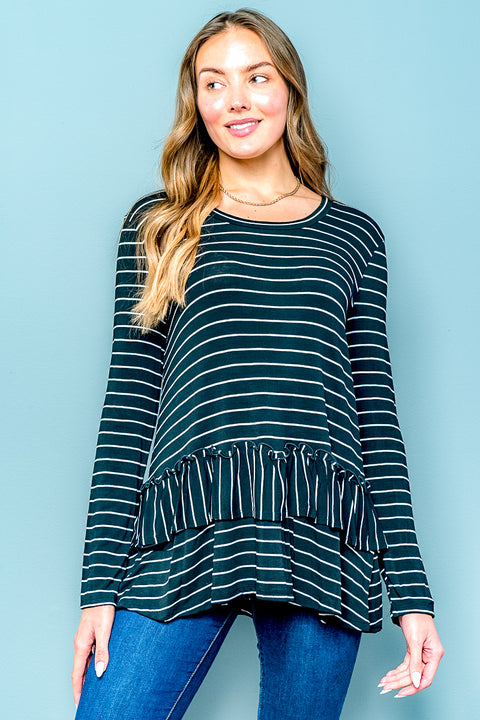 Striped Long Sleeve Crewneck T-Shirt with Contrast Peplum Ruffle in Black & White (D-72146) - Wholesale Fashion Couture 
