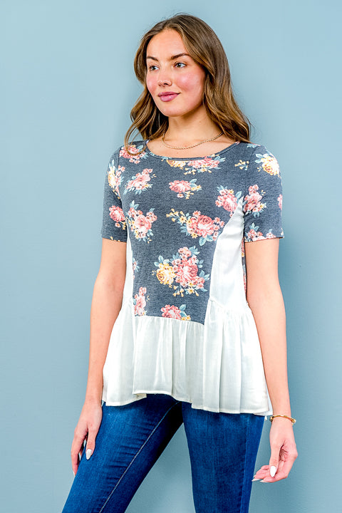 Floral Cream Colorblock Roun Neck Short Sleeve Tunic Top (D72082-FT054) Charcoal / ( S,M,L- 2,2,2)