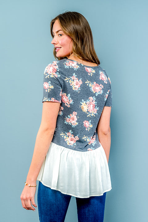 Floral Cream Colorblock Roun Neck Short Sleeve Tunic Top (D72082-FT054) Charcoal / ( S,M,L- 2,2,2)