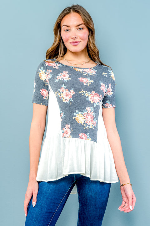 Floral Cream Colorblock Roun Neck Short Sleeve Tunic Top (D72082-FT054) Charcoal / ( S,M,L- 2,2,2)