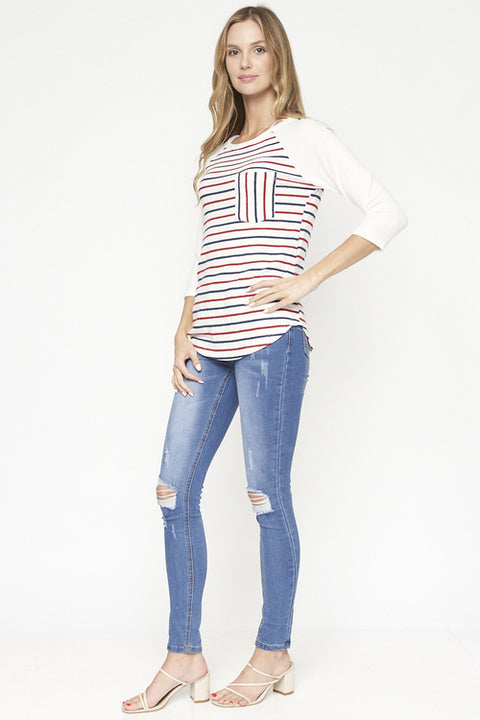 Stripe 3/4 Sleeve Round Neck Knit Top (D71104) - Wholesale Fashion Couture inc